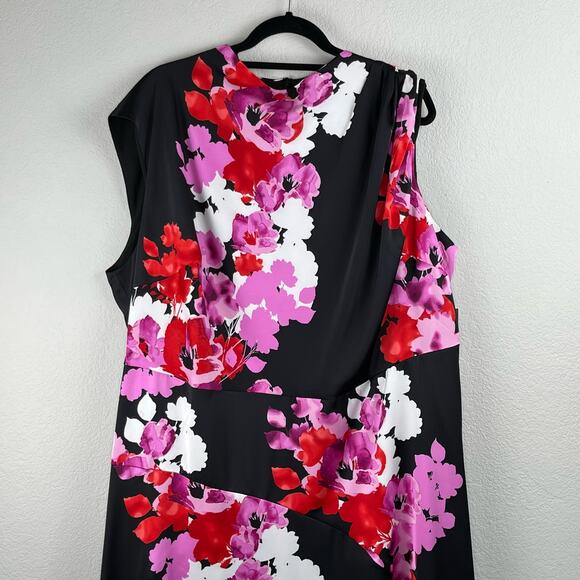 Maggy London Woman Multi Black Floral Asymmetric Charmeuse Midi Dress 24W NWT - Picture 5 of 13